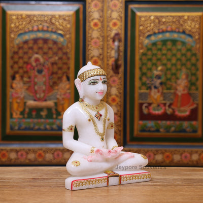 9" Premium Pure White Marble Mahavir Swami Idol for Home Temple | Hand-Painted Tirthankara Statue