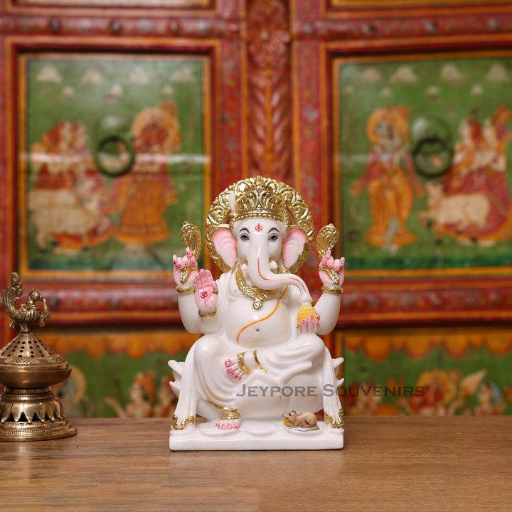 10" Pure White Marble Lord Ganesha Idol with Real Gold Leaf Crown