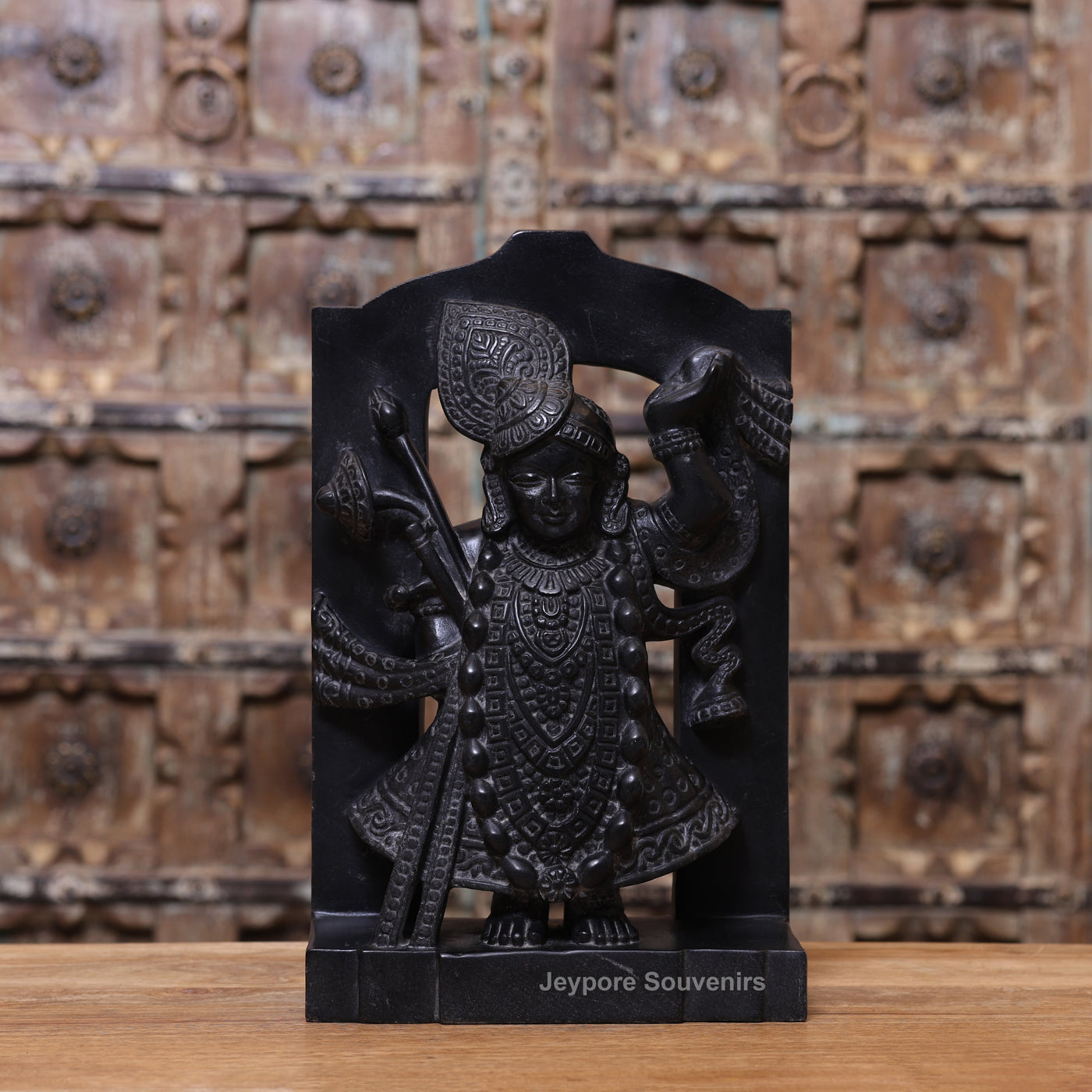 15" Hand-Carved Pure Black Marble Shreenathji Idol