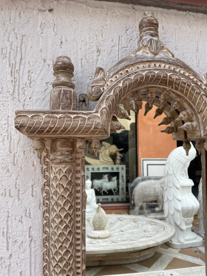 Hand carved single Jharokha mirror in distressed finish