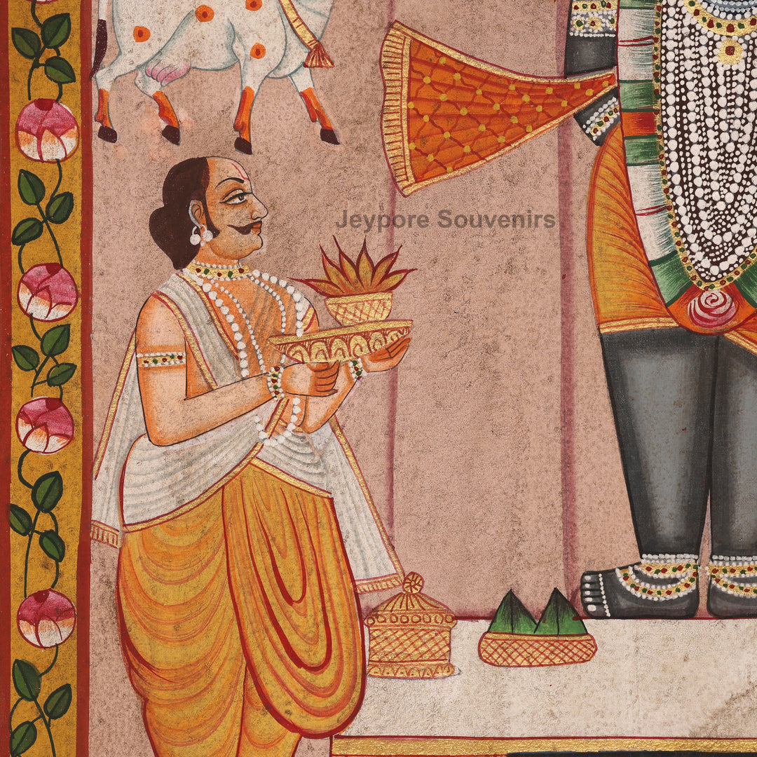 Handcrafted Pichwai Painting of Shrinathji with Cows &amp; Priests