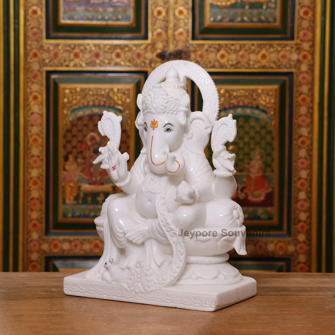 18" Lord Ganesha Idol in Pure White Marble For Home Temple