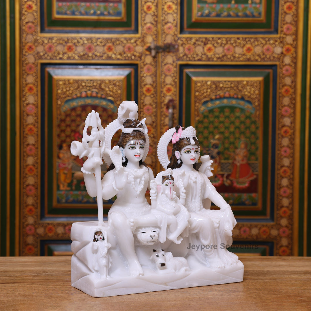 14" White Marble Shiva Parivar Idol | Shiva, Parvati Ganesha, &amp; Kartikeya Set