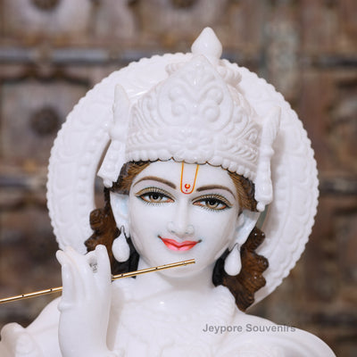 30" Radha Krishna Pure White Marble Statue Pair