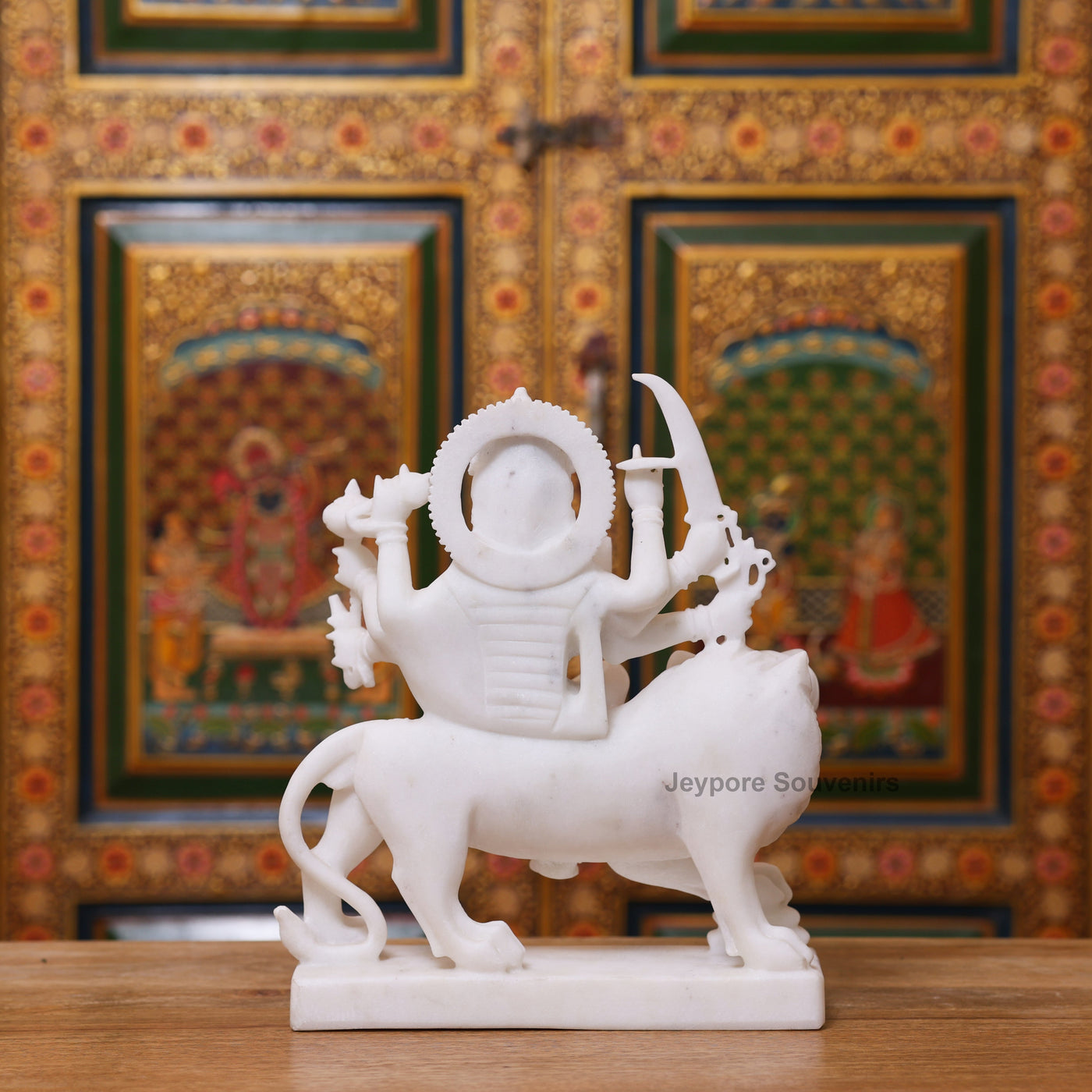 12" Pure Handcrafted White Marble Goddess Durga Idol with Lion