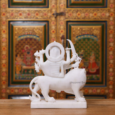 12" Pure Handcrafted White Marble Goddess Durga Idol with Lion