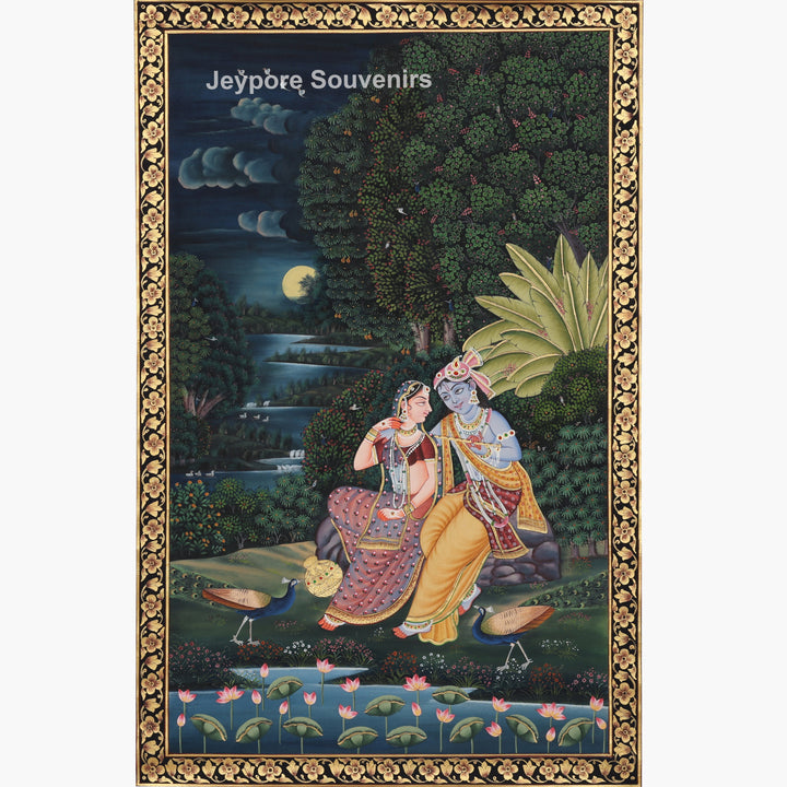 Pichwai Style Seated Radha Krishna Painting On Silk Fabric