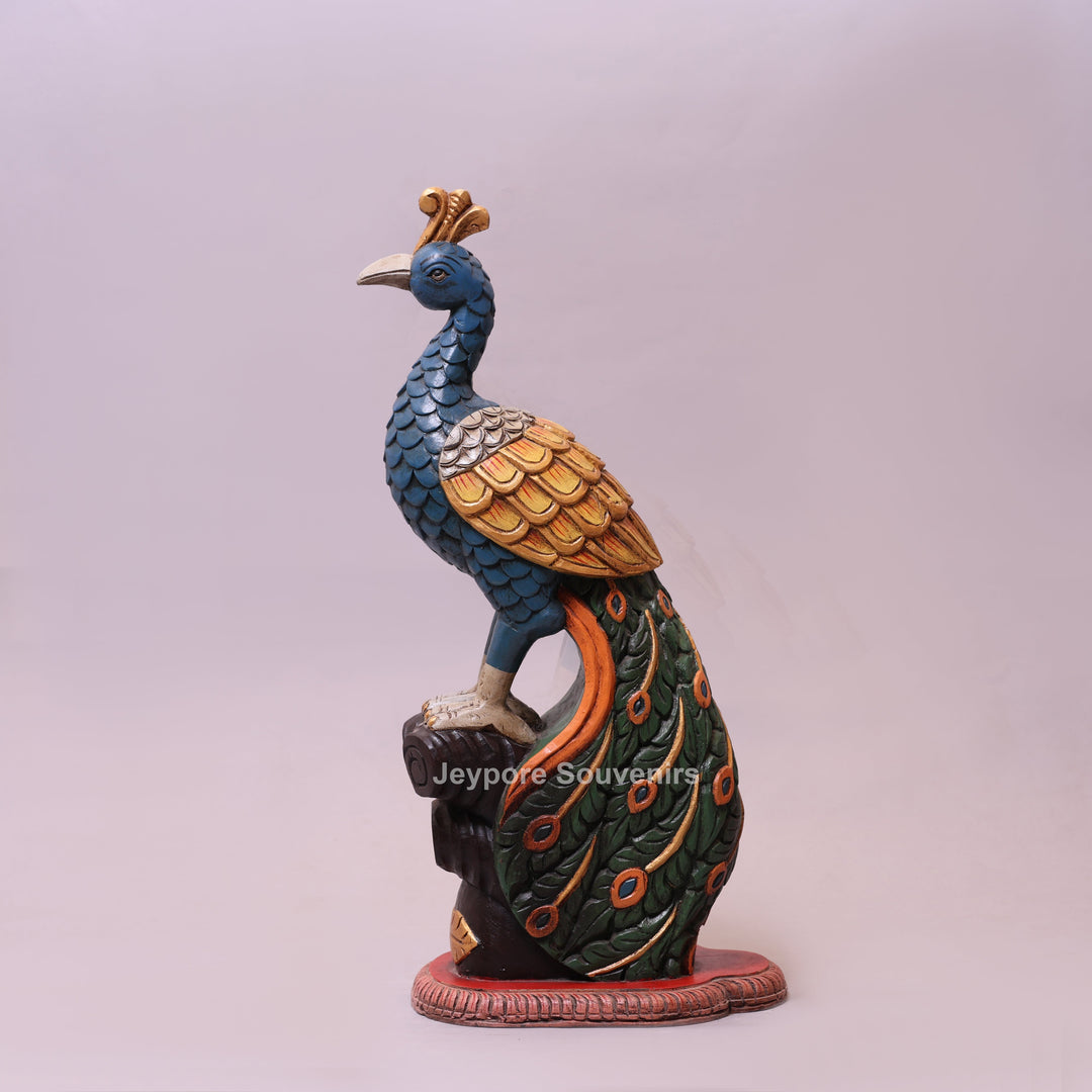 25" Hand-Carved Wooden Peacock Statue