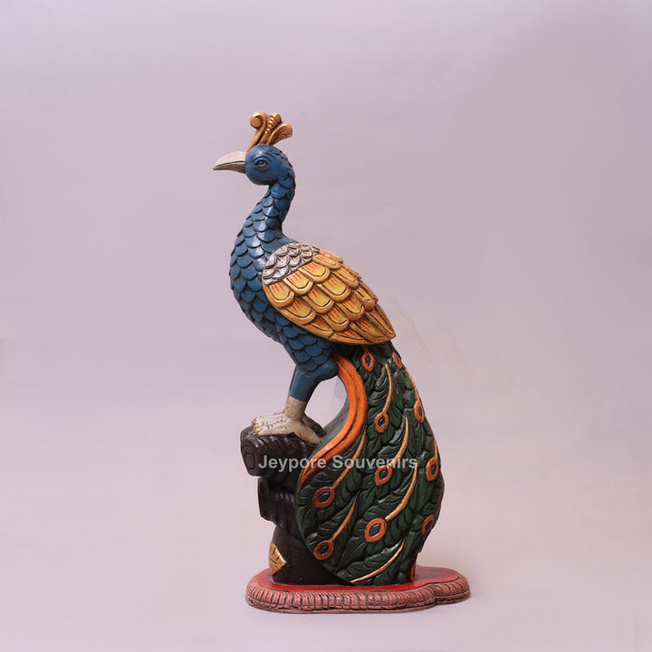 25" Hand-Carved Wooden Peacock Statue