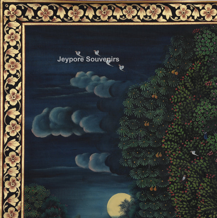 Pichwai Style Seated Radha Krishna Painting On Silk Fabric