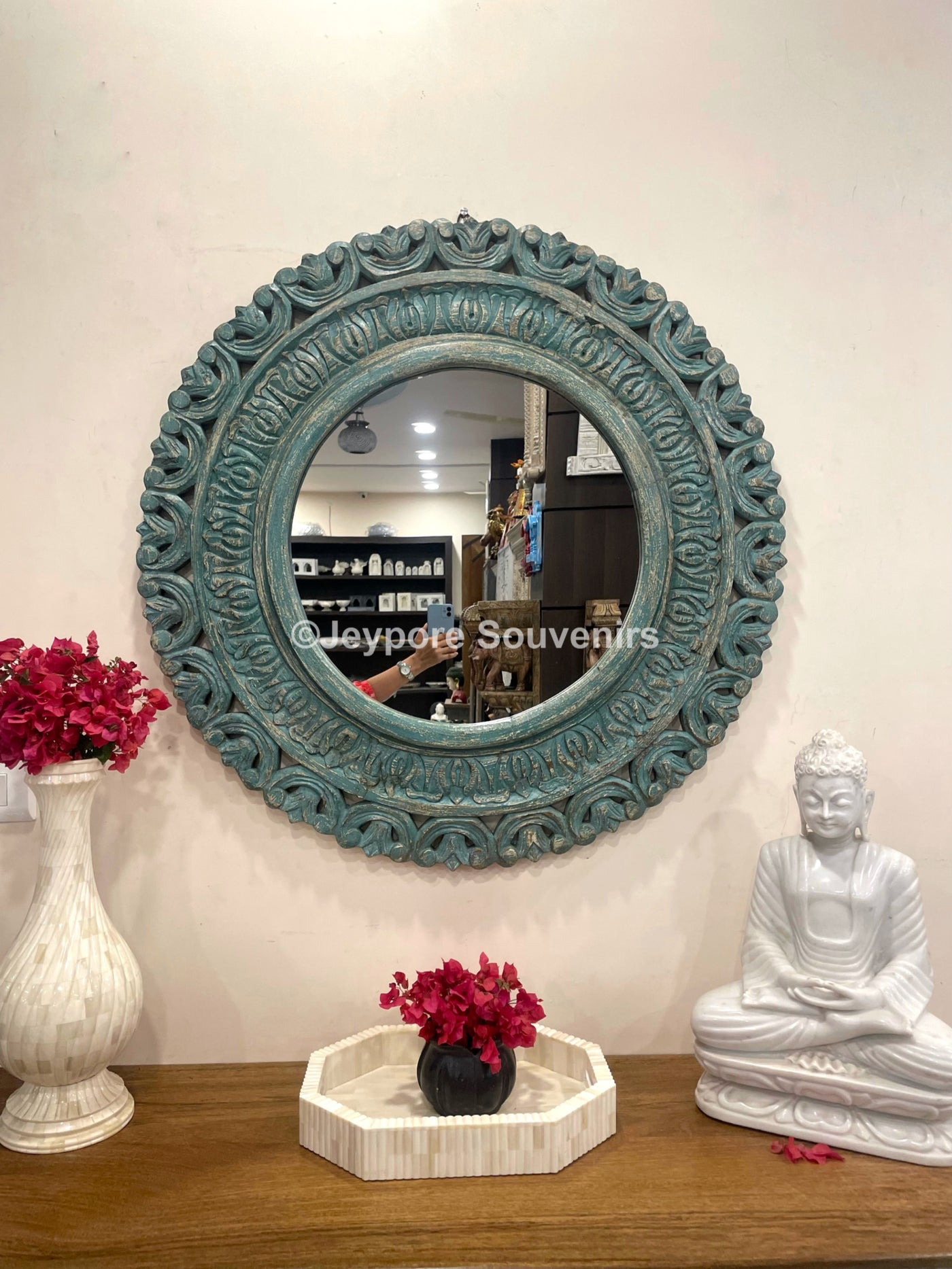 Hand carved wooden round wall mirror