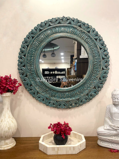 Hand carved wooden round wall mirror