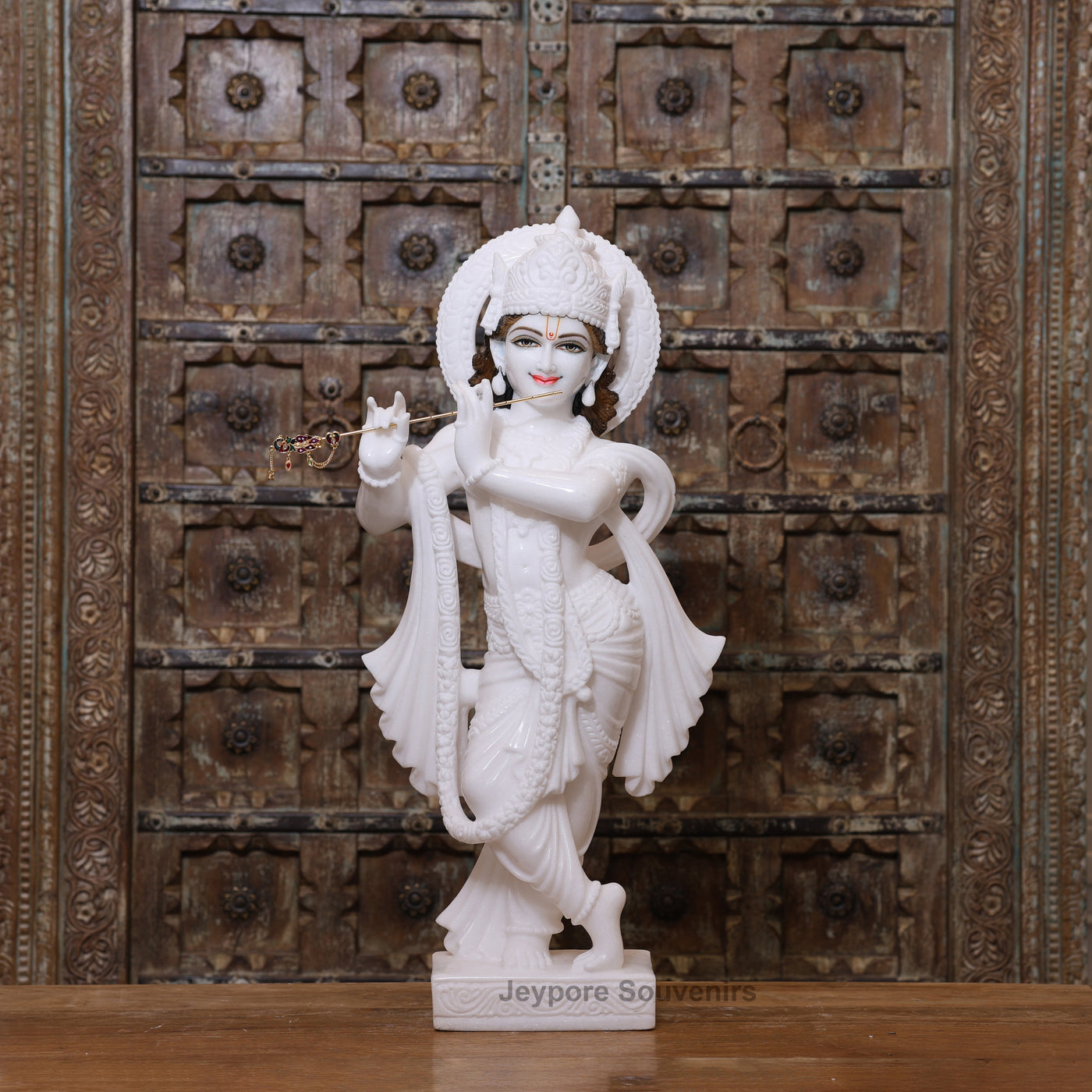 30" Radha Krishna Pure White Marble Statue Pair