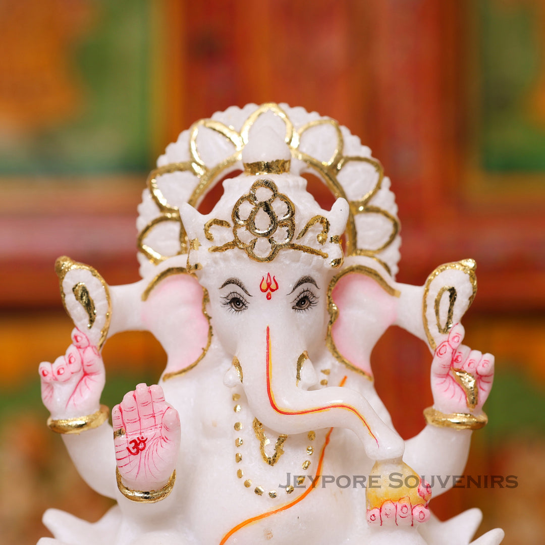 8" Pure White Marble Handmade Ganesha Statue for Home Temple &amp; Office