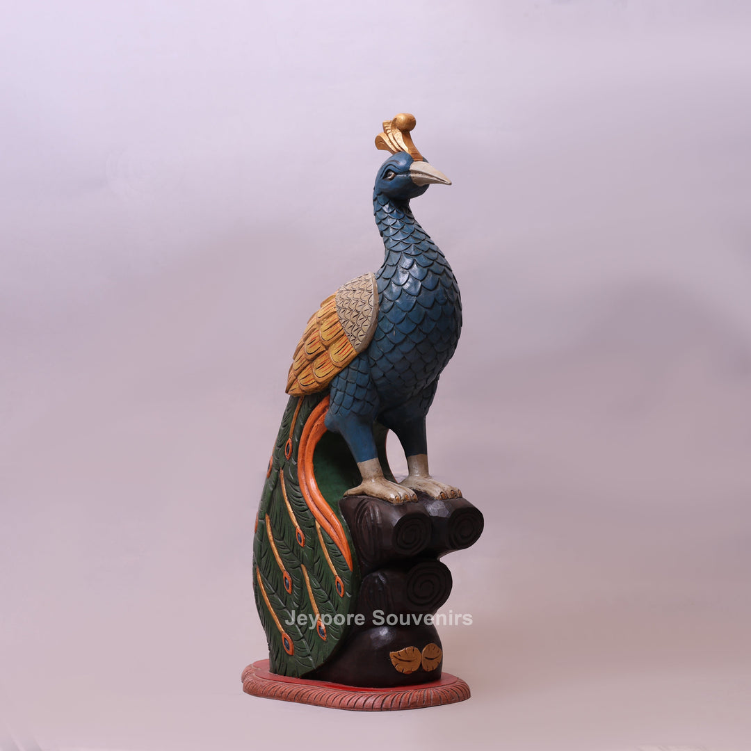 37" Grand Hand-Carved Wooden Peacock Statue