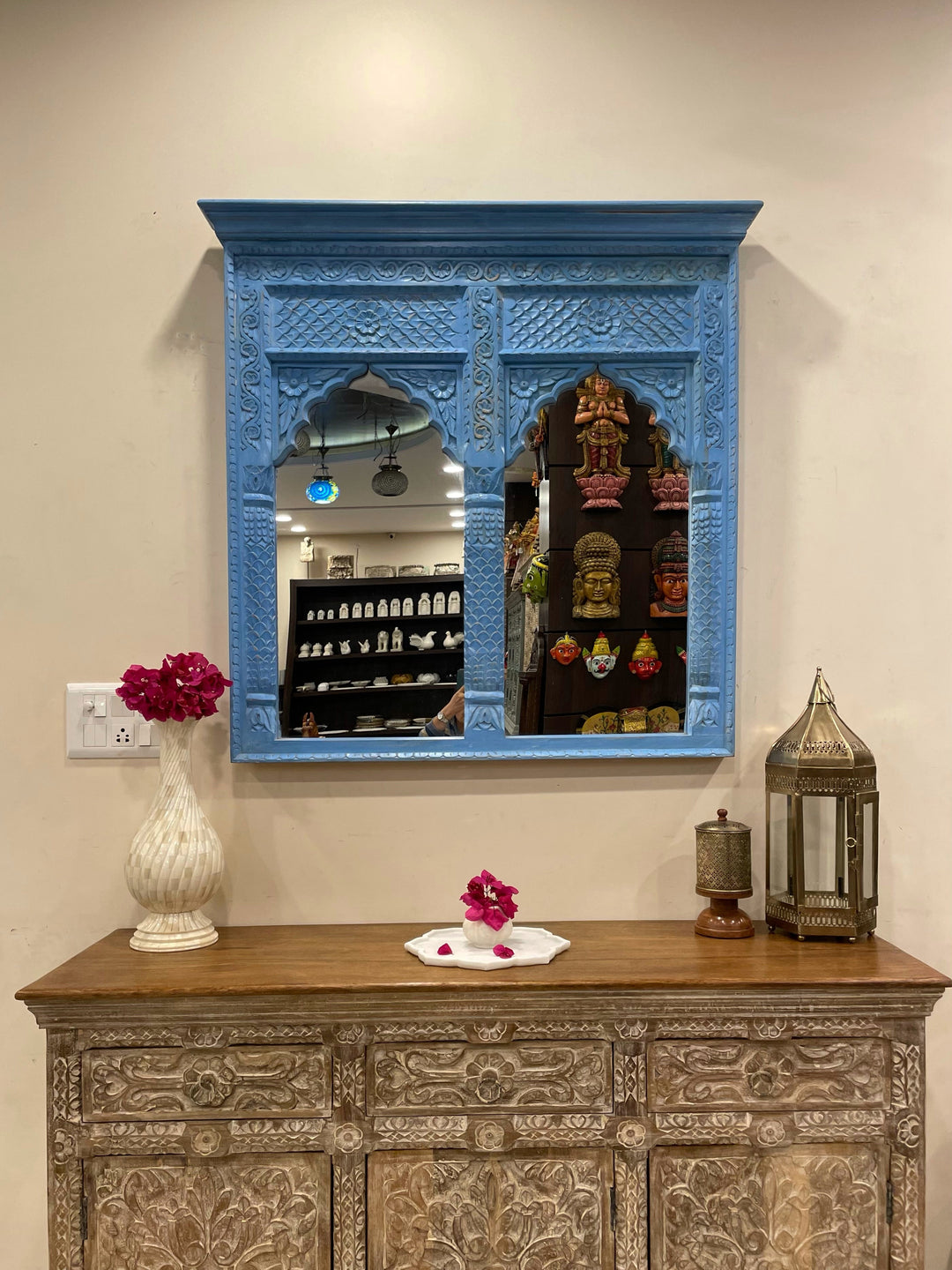 2 Jharokha Hand-Carved Wooden Mirror Frame – Distressed Blue Finish (42" x 42")