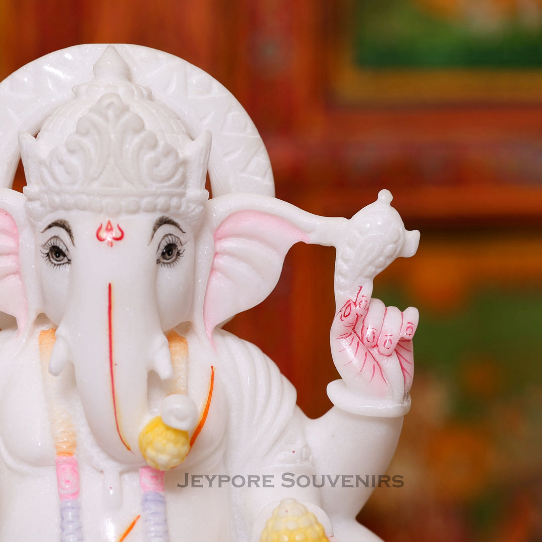 9" Handcrafted White Marble Lord Ganesha Idol for Home Temple &amp; Décor