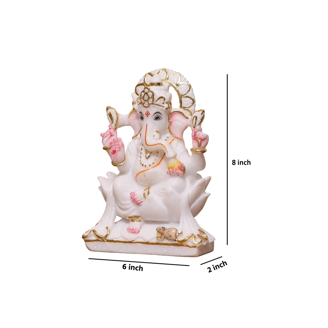8" Pure White Marble Handmade Ganesha Statue for Home Temple &amp; Office
