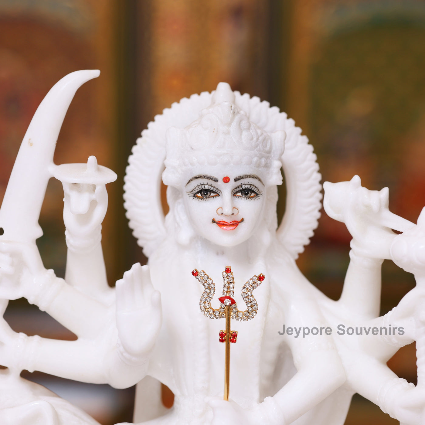 12" Pure Handcrafted White Marble Goddess Durga Idol with Lion