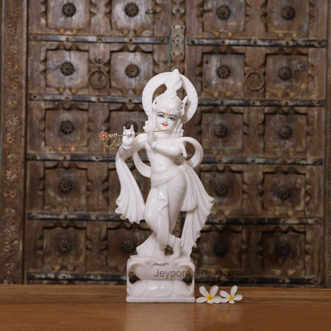21" Majestic Handcrafted Pure White Marble Krishna Statue (Murti) with Flute