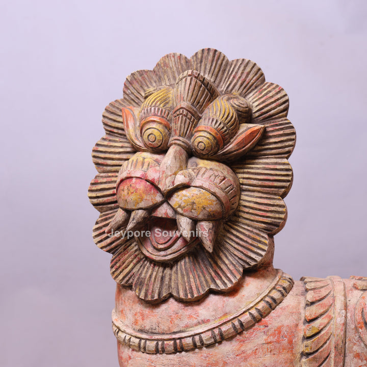 41" Grand Hand-Carved Wooden Yali (Mythical Lion) Statue