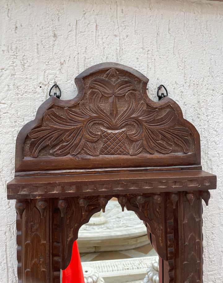Hand carved single Jharokha mirror in distressed finish