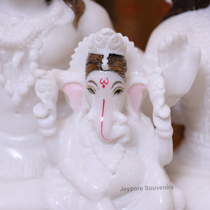 14" White Marble Shiva Parivar Idol | Shiva, Parvati Ganesha, &amp; Kartikeya Set