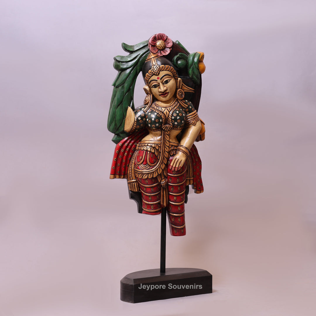 36" Hand-Carved Wooden Traditional Indian Woman Statue