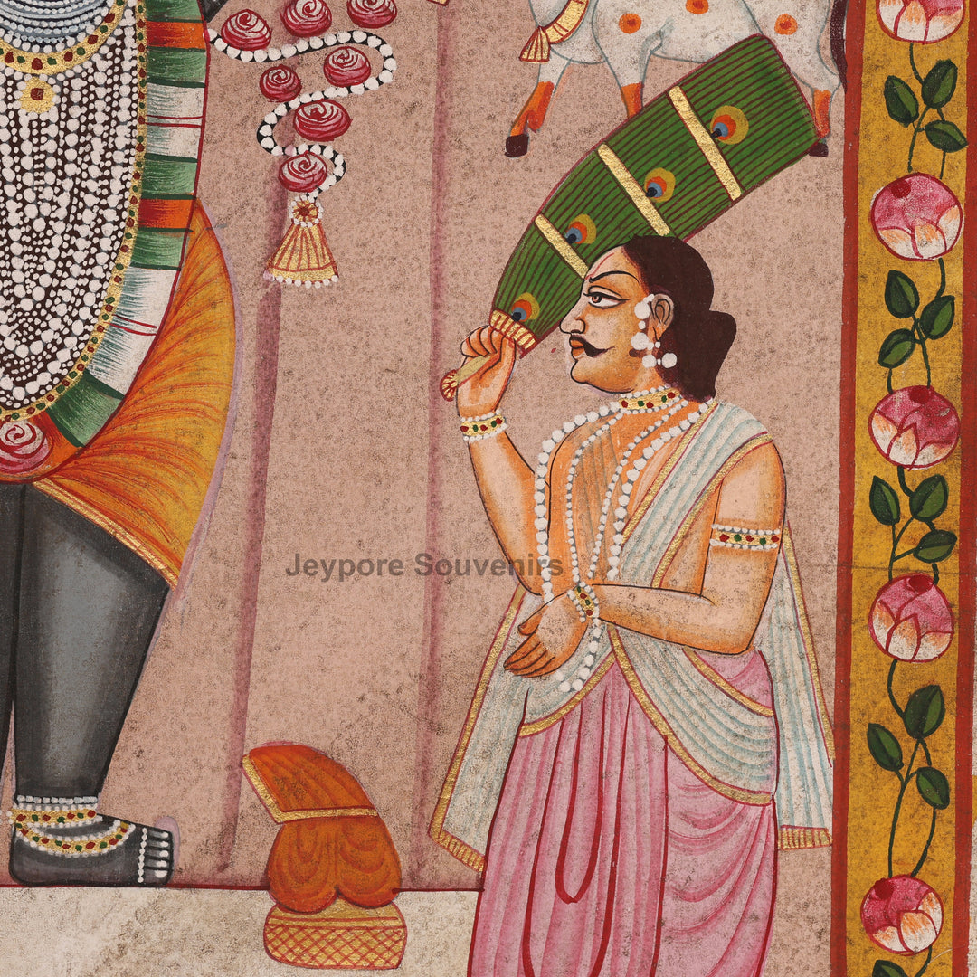 Handcrafted Pichwai Painting of Shrinathji with Cows &amp; Priests