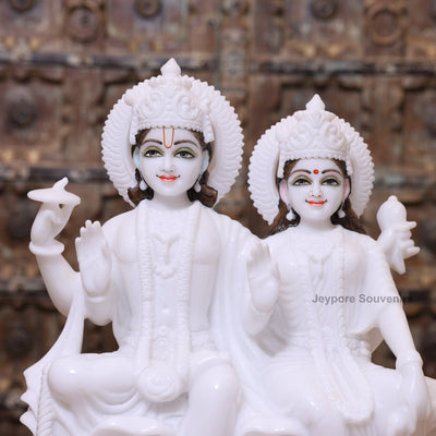 18" Pure White Marble Handcrafted Lakshmi-Narayan Seated Idol Set