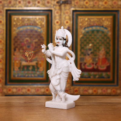 12" Stunning Pure White Marble Radha Krishna Statue Pair