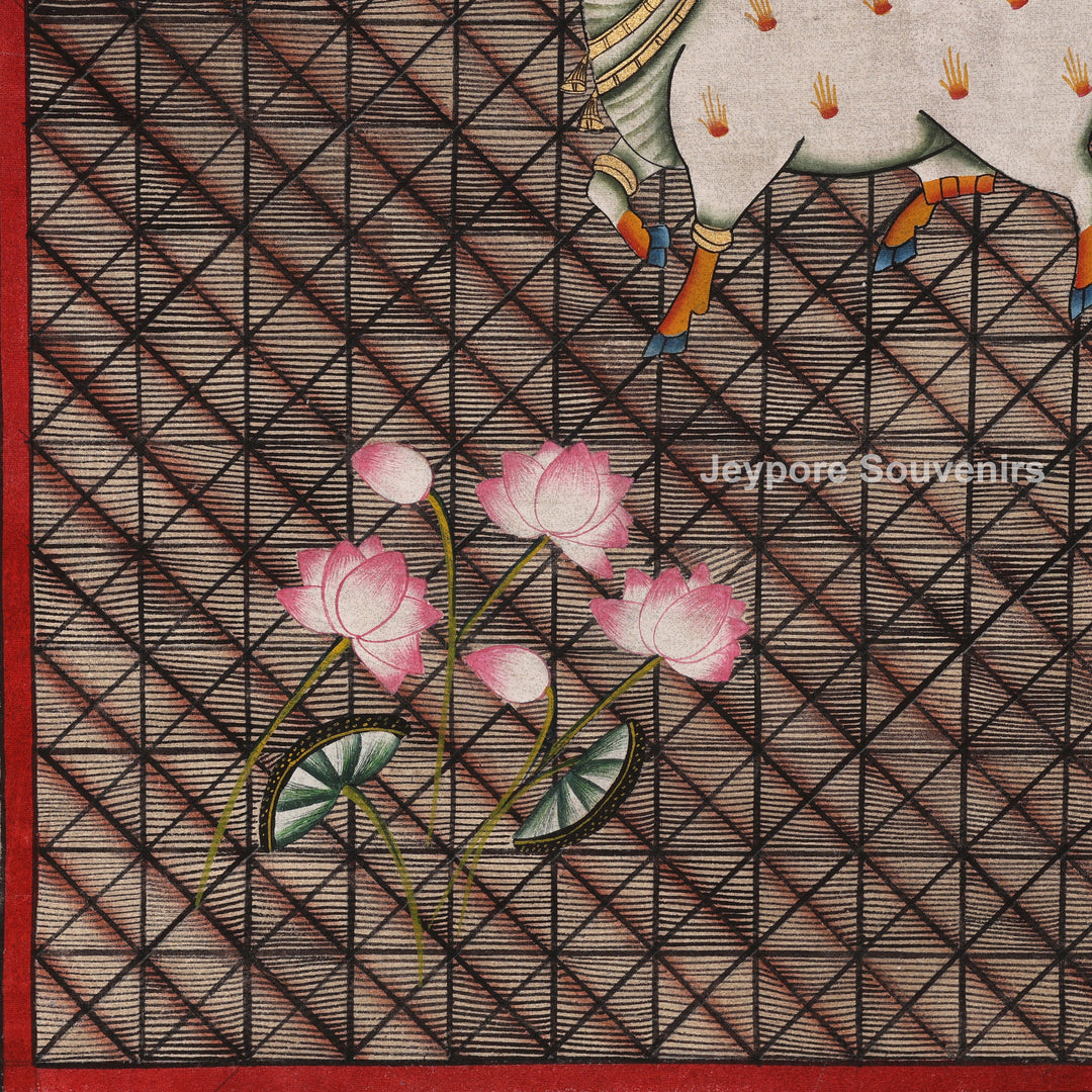 Pichwai Painting Featuring Cows and Lotus Motifs