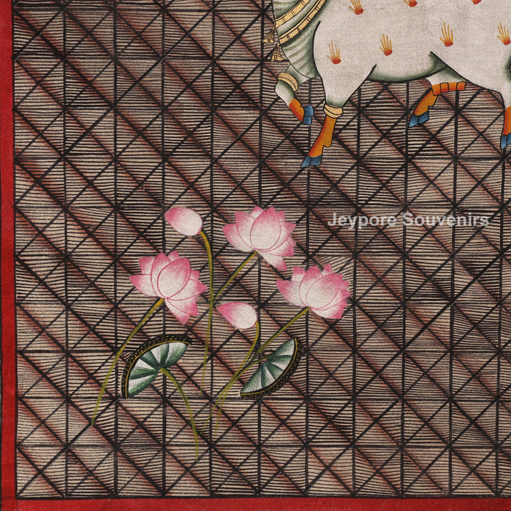 Pichwai Painting Featuring Cows and Lotus Motifs