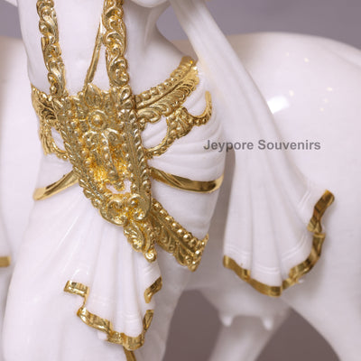 30" Enchanting Pure White Marble Lord Krishna Cow Idol With Real Gold Leaf