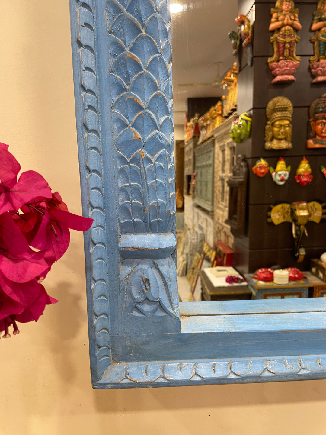 2 Jharokha Hand-Carved Wooden Mirror Frame – Distressed Blue Finish (42" x 42")