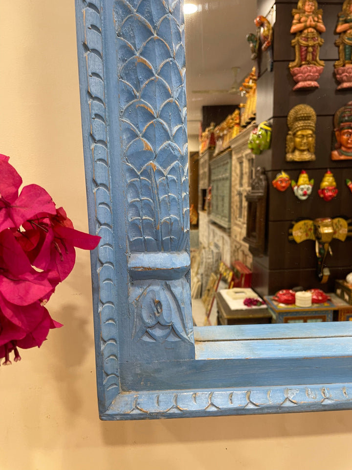 2 Jharokha Hand-Carved Wooden Mirror Frame – Distressed Blue Finish (42" x 42")