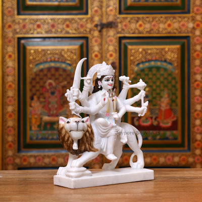 12" Pure White Marble Goddess Durga Idol on Lion