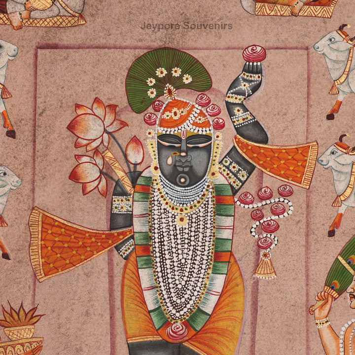 Handcrafted Pichwai Painting of Shrinathji with Cows &amp; Priests