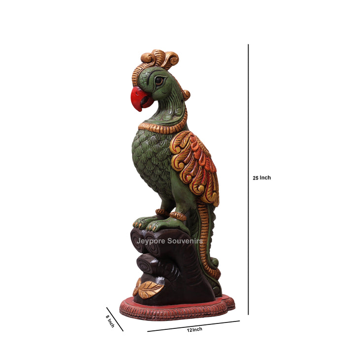 25" Hand-Carved &amp; Hand-Painted Wooden Parrot Statue