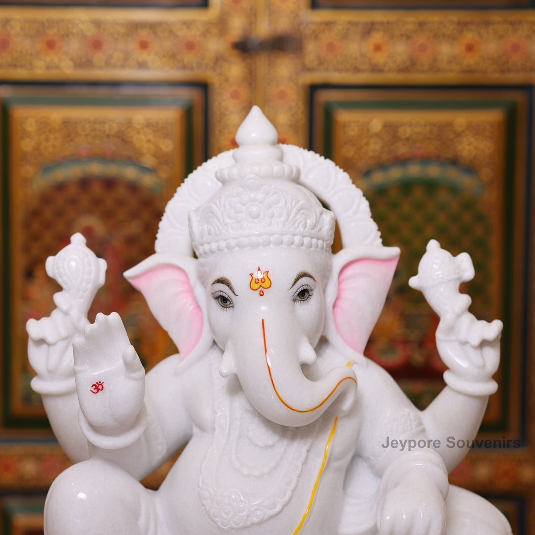 18" Handcrafted White Marble Lord Ganesha Idol