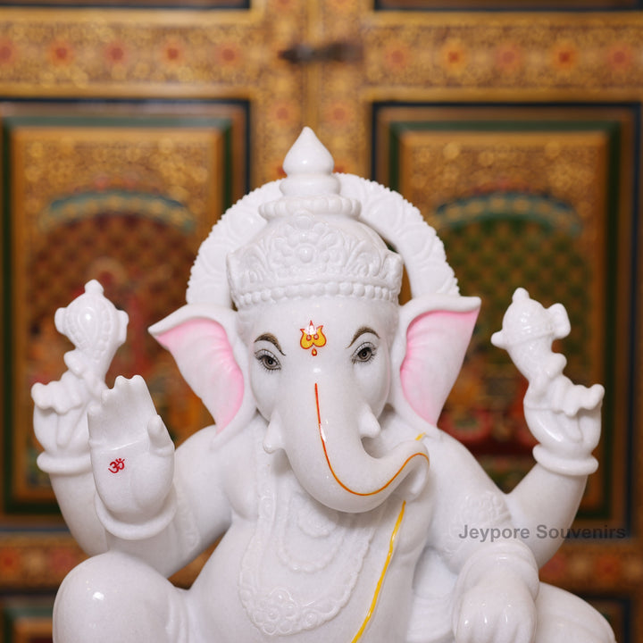 18" Handcrafted White Marble Lord Ganesha Idol