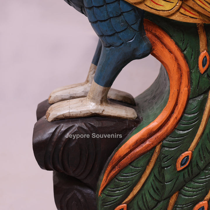 37" Grand Hand-Carved Wooden Peacock Statue