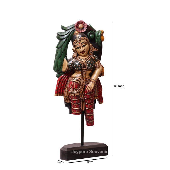 36" Hand-Carved Wooden Traditional Indian Woman Statue