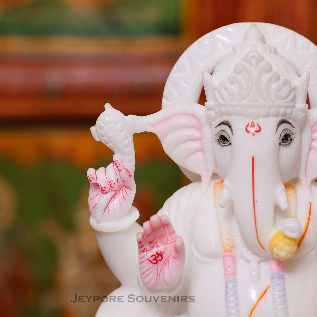 9" Handcrafted White Marble Lord Ganesha Idol for Home Temple &amp; Décor
