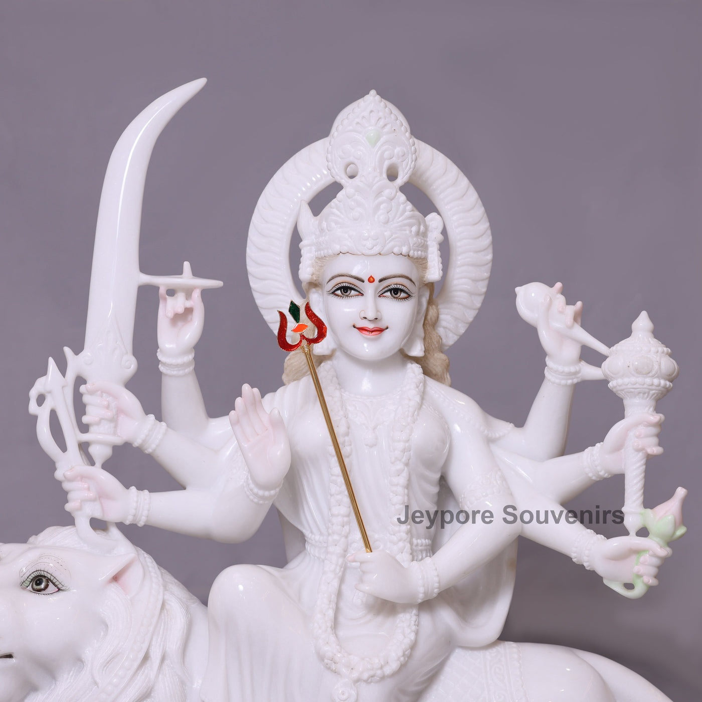 36" Pure White Marble Goddess Durga Idol on Lion