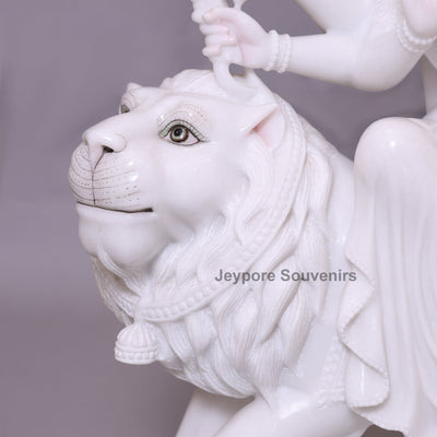 36" Pure White Marble Goddess Durga Idol on Lion