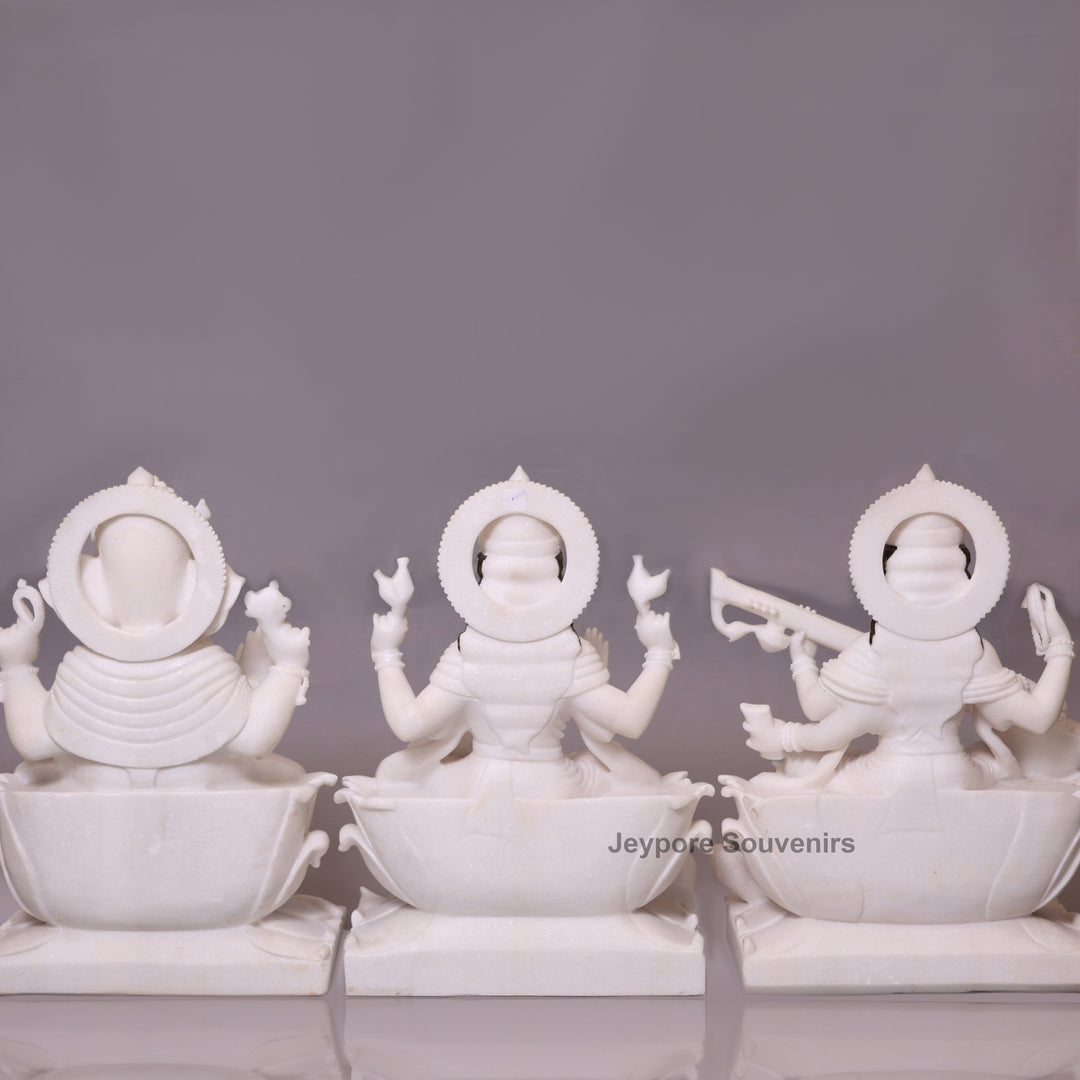 24" Divine Trinity Set: Pure White Marble Lakshmi, Ganesha, &amp;amp; Saraswati Idols&amp;nbsp;