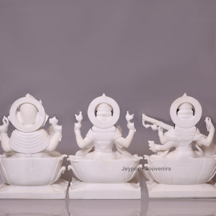 24" Divine Trinity Set: Pure White Marble Lakshmi, Ganesha, &amp;amp; Saraswati Idols&amp;nbsp;