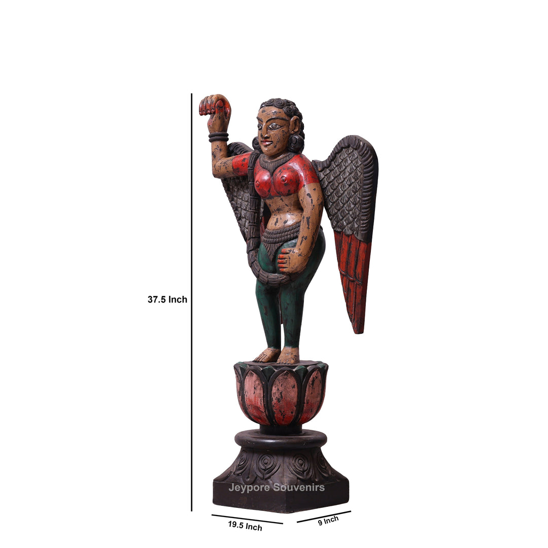 37" Handcrafted Wooden Apsara Winged Statue