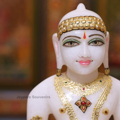 9" Premium Pure White Marble Mahavir Swami Idol for Home Temple | Hand-Painted Tirthankara Statue